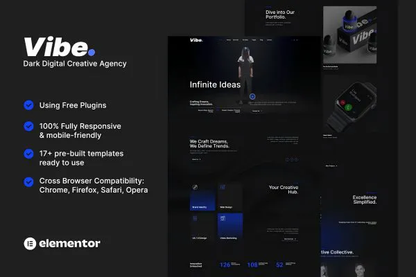 Vibe – 黑暗数字创意机构和作品集 Elementor 模板套件