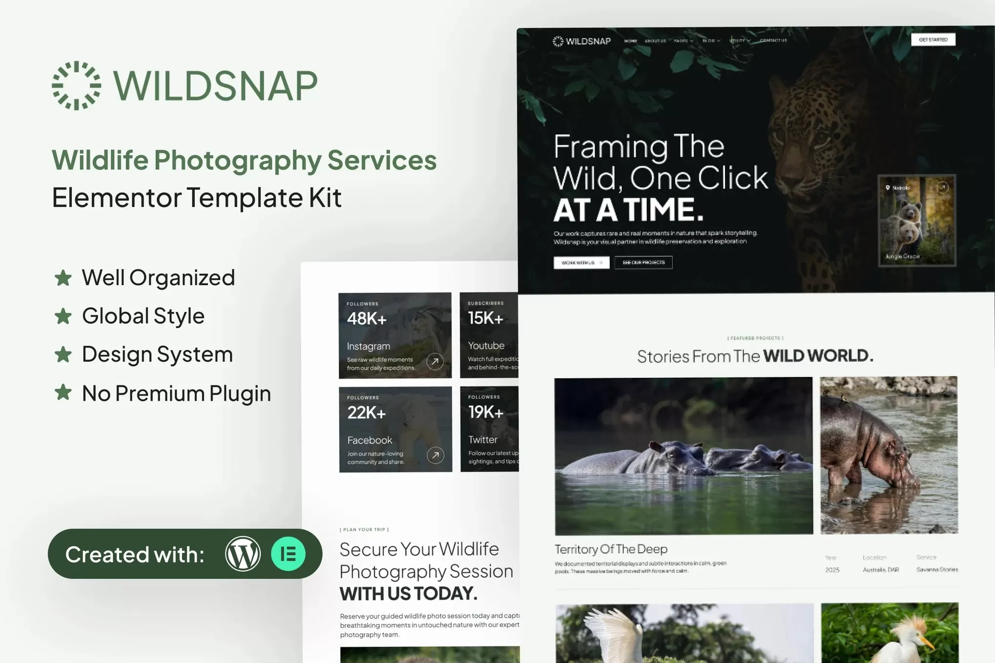 Wildsnap – 野生动物摄影Elementor模板套件,摄影师官网