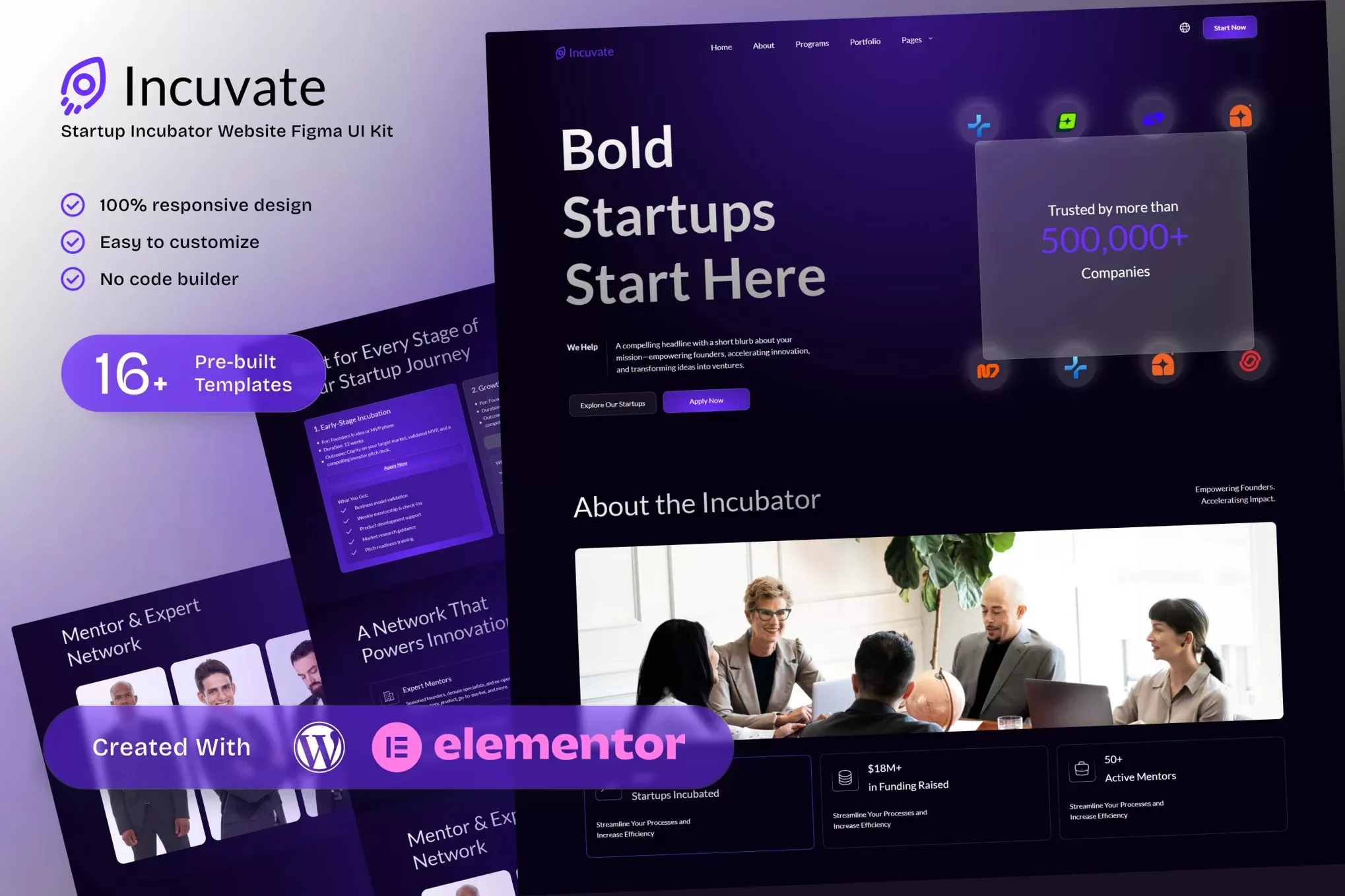 Incuvate – 孵化器Elementor模板套件,初创企业展示