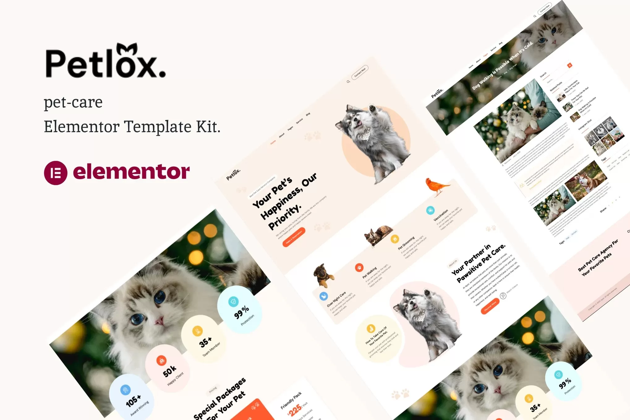 Petlox – 宠物护理Elementor模板套件,兽医诊所官网
