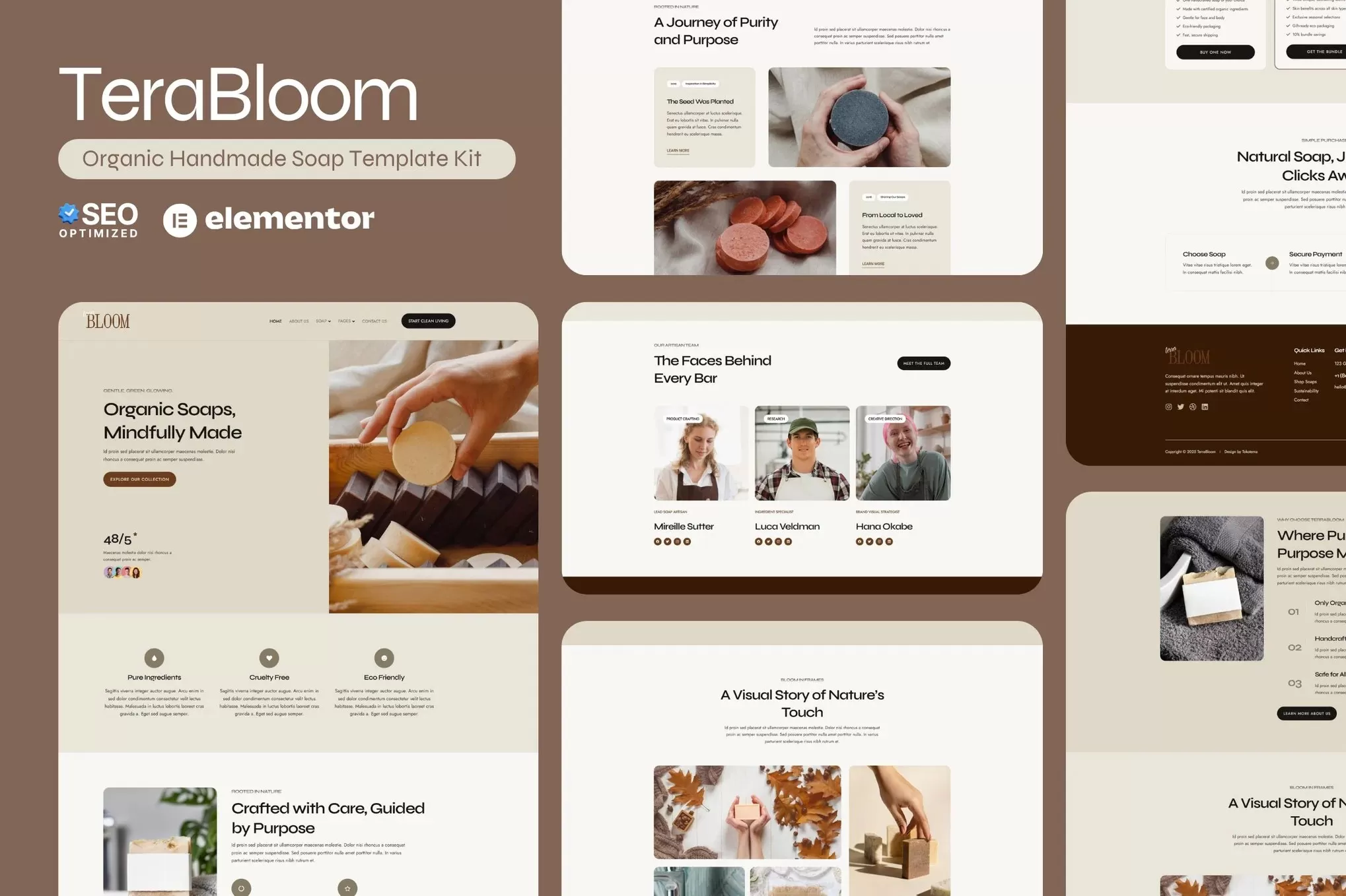 TerraBloom – 有机手工皂Elementor模板套件，天然护肤品电商