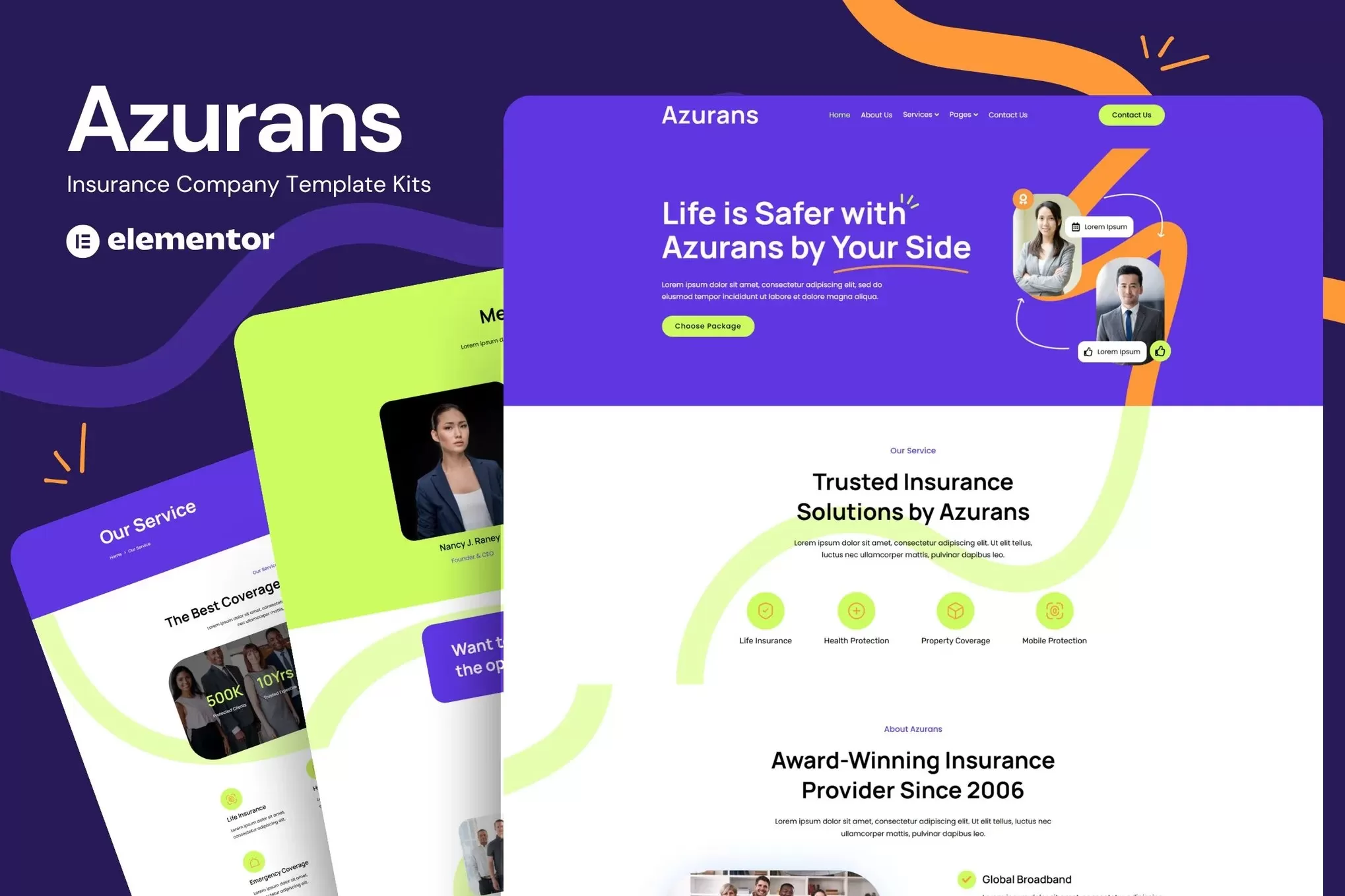 Azurans – 保险公司Elementor模板套件,保险服务官网