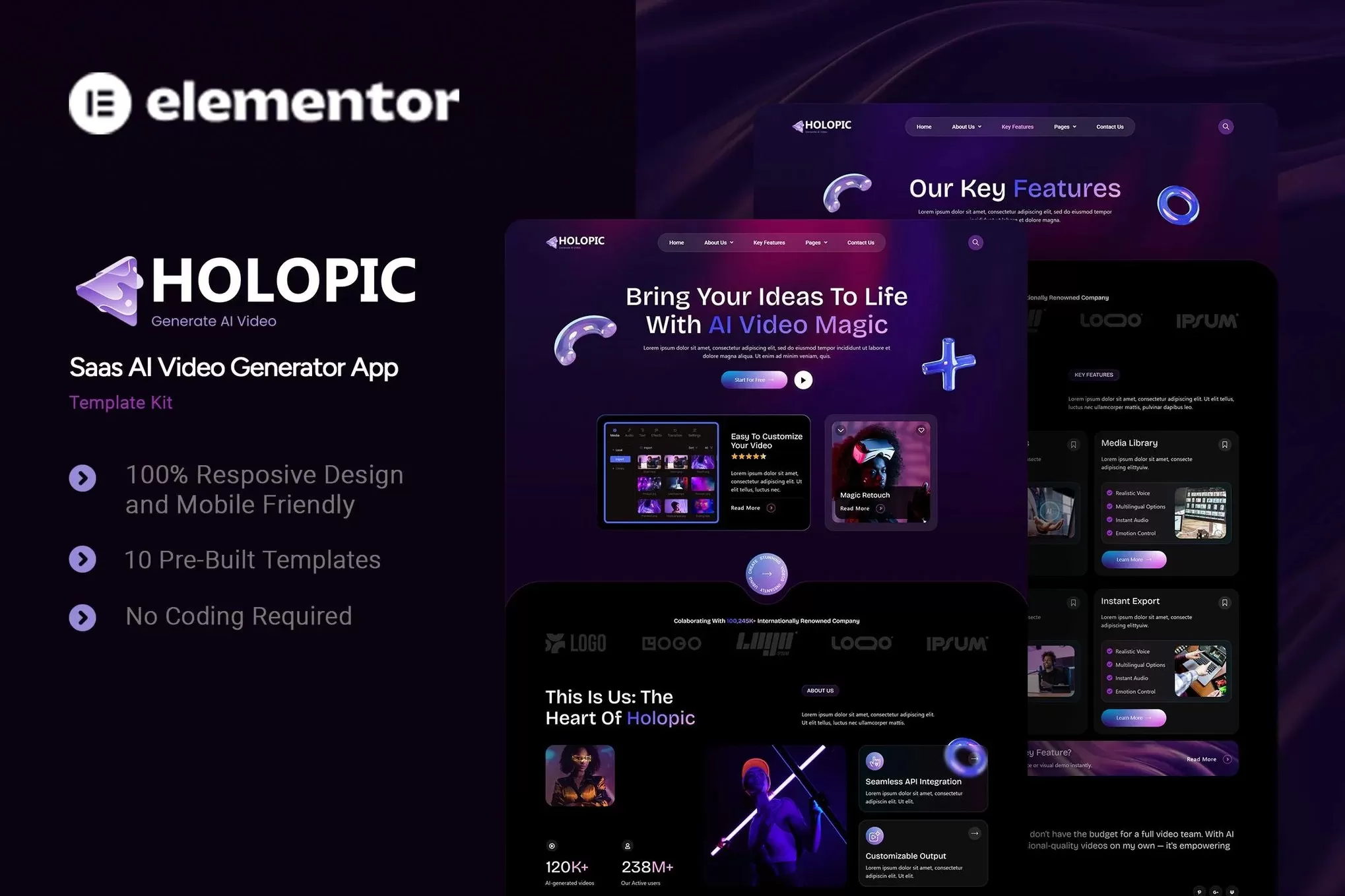 Holopic – AI生成器Elementor模板套件,SaaS应用展示