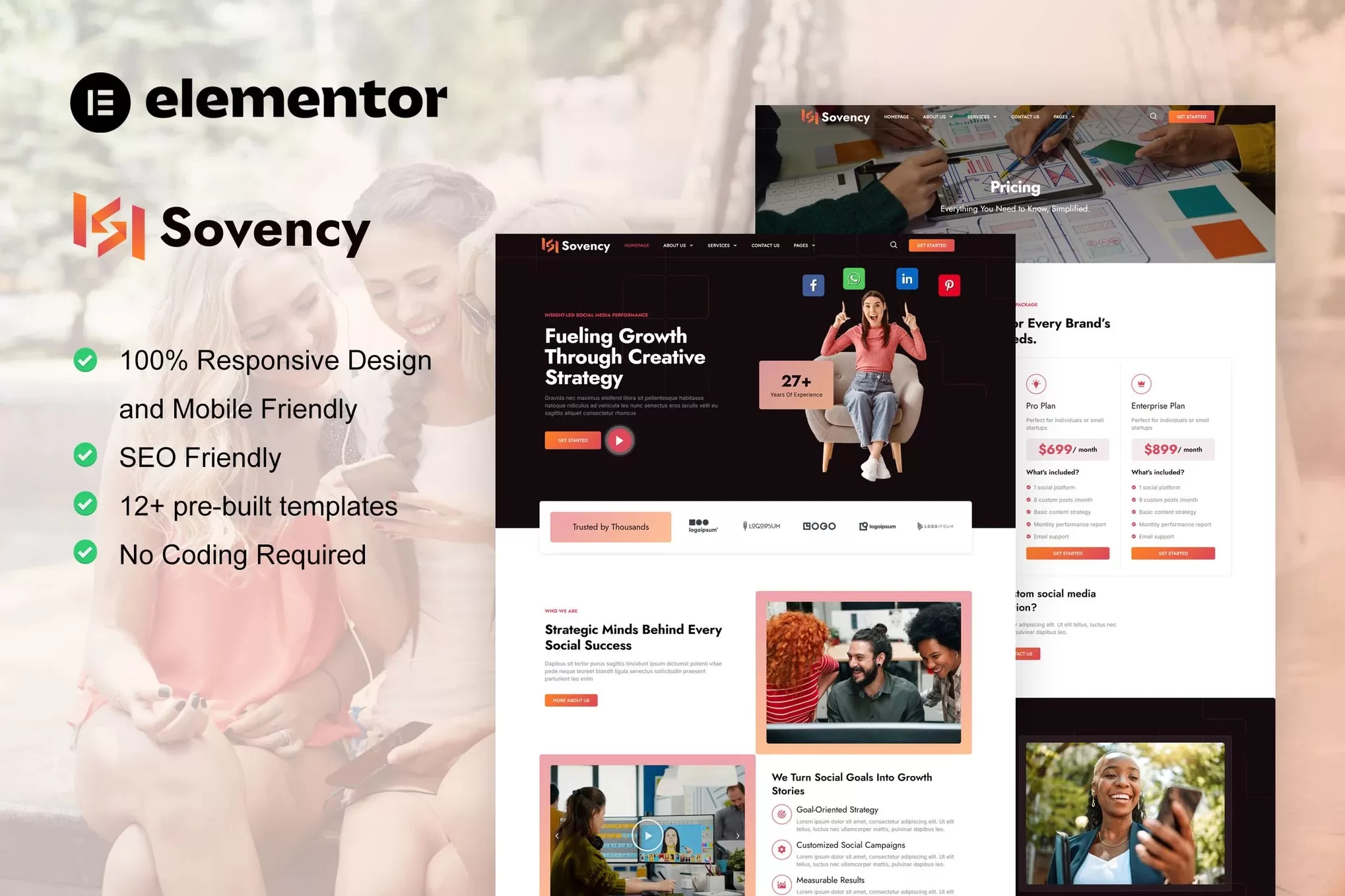 Sovency – 社交媒体营销Elementor Pro套件,社媒机构官网