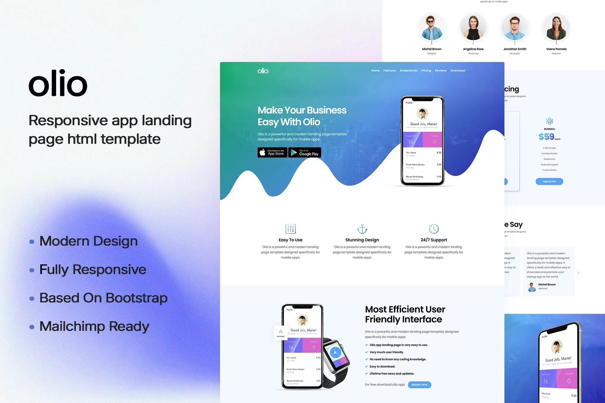 Olio – 应用落地页HTML模板,移动App推广单页