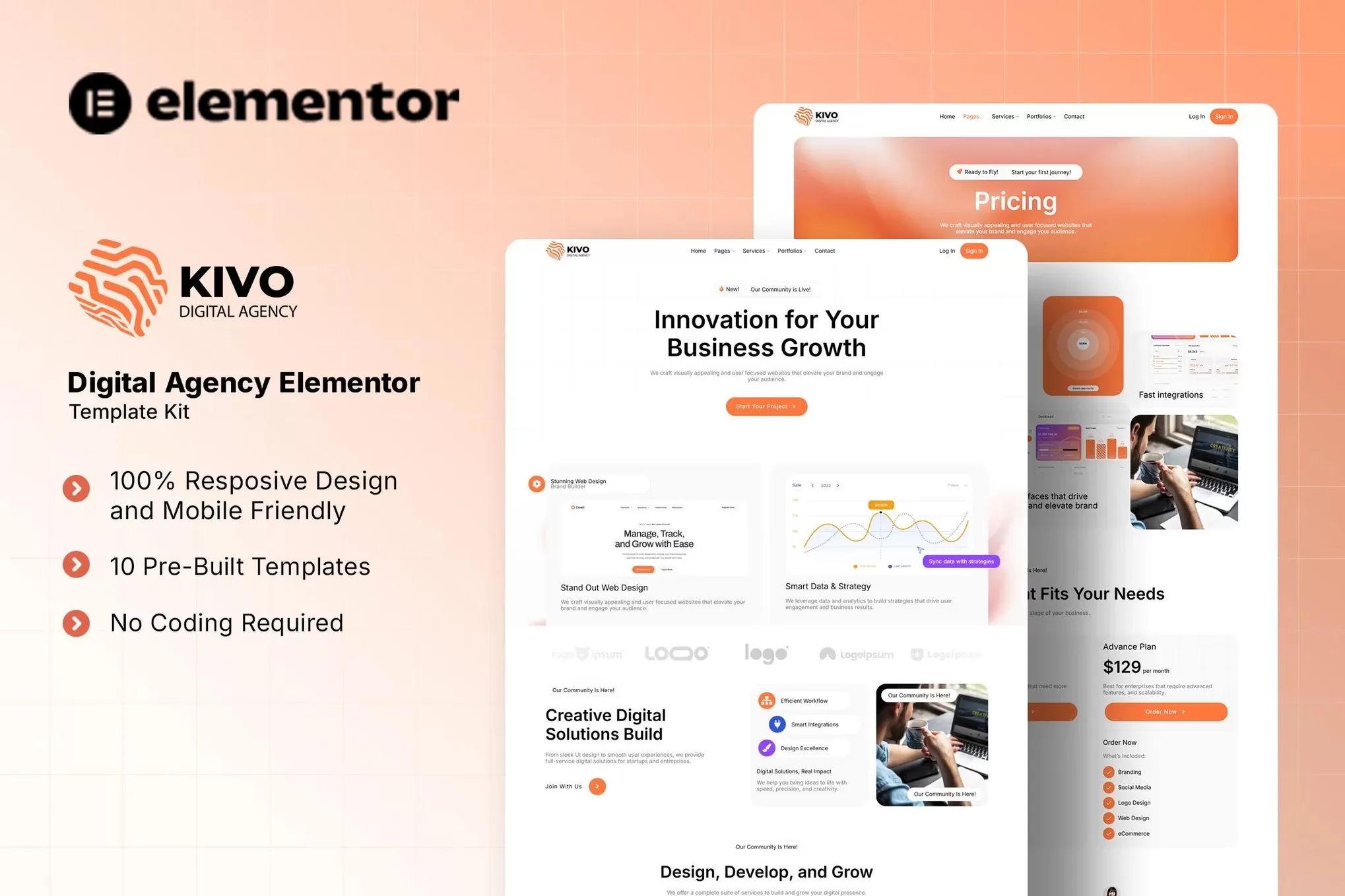 Kivo – 数字代理Elementor模板套件,创意机构官网