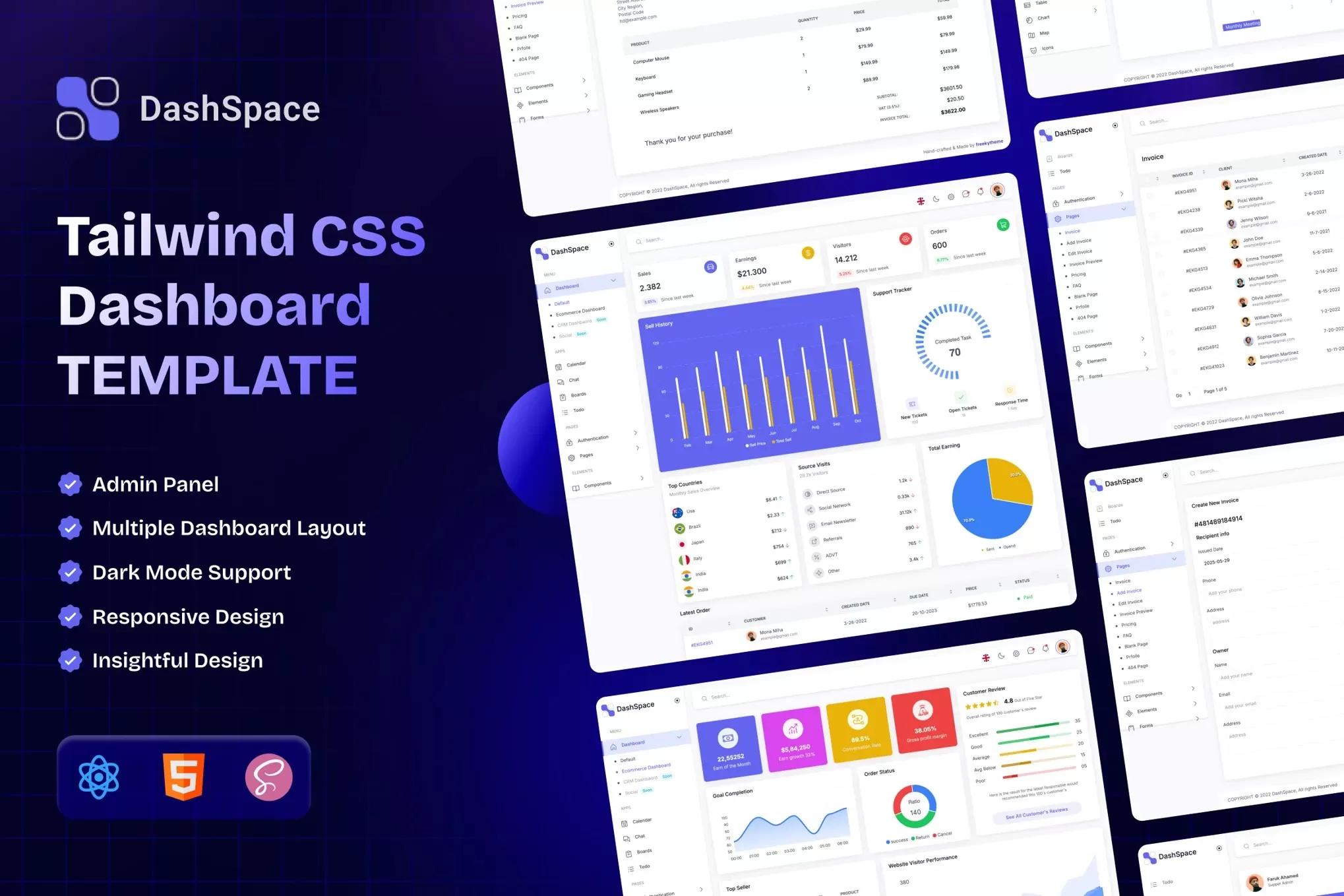 DashSpace – 管理仪表板HTML模板,后台数据看板