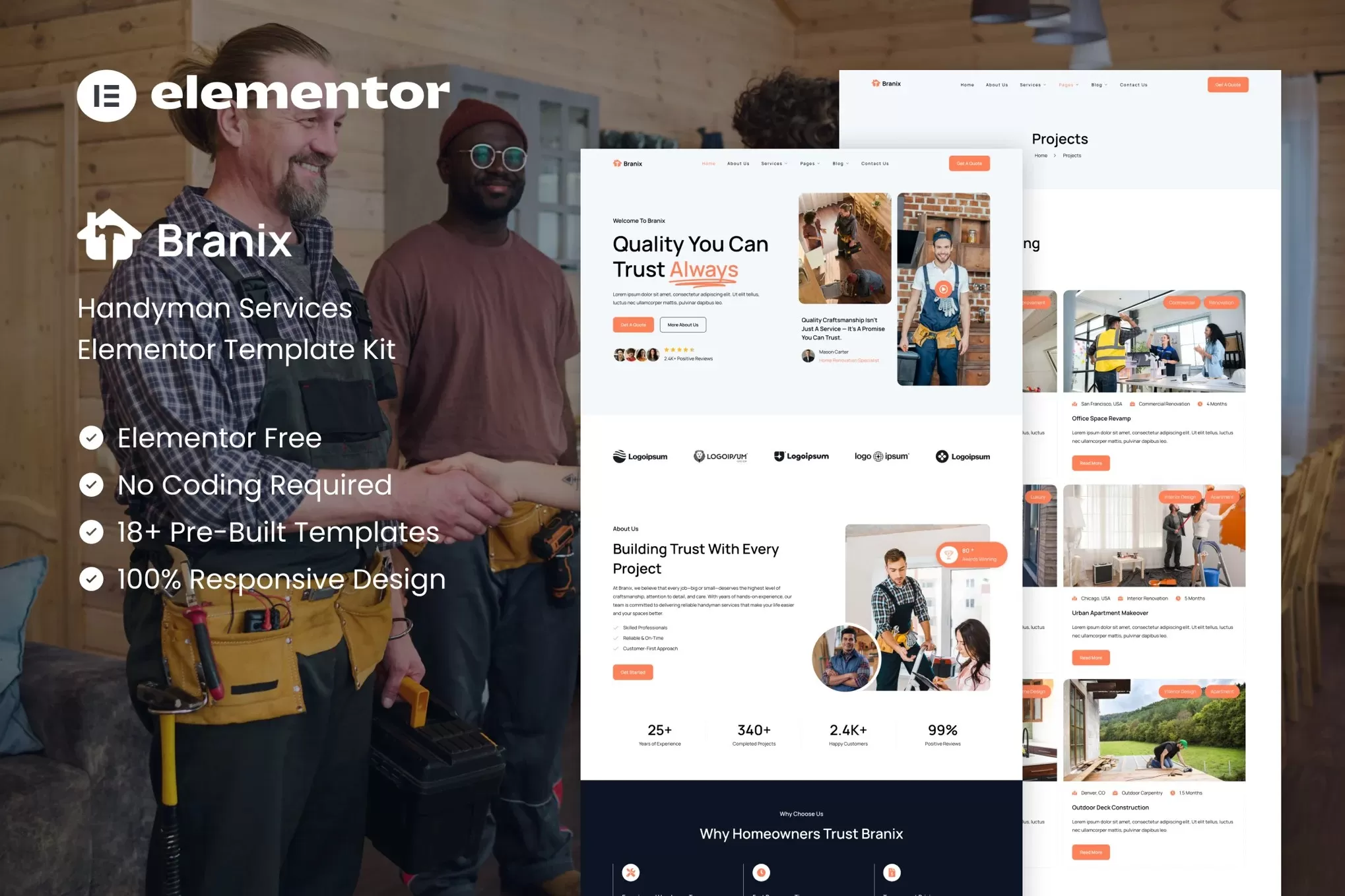Branix – 杂工服务Elementor模板套件,家庭维修官网