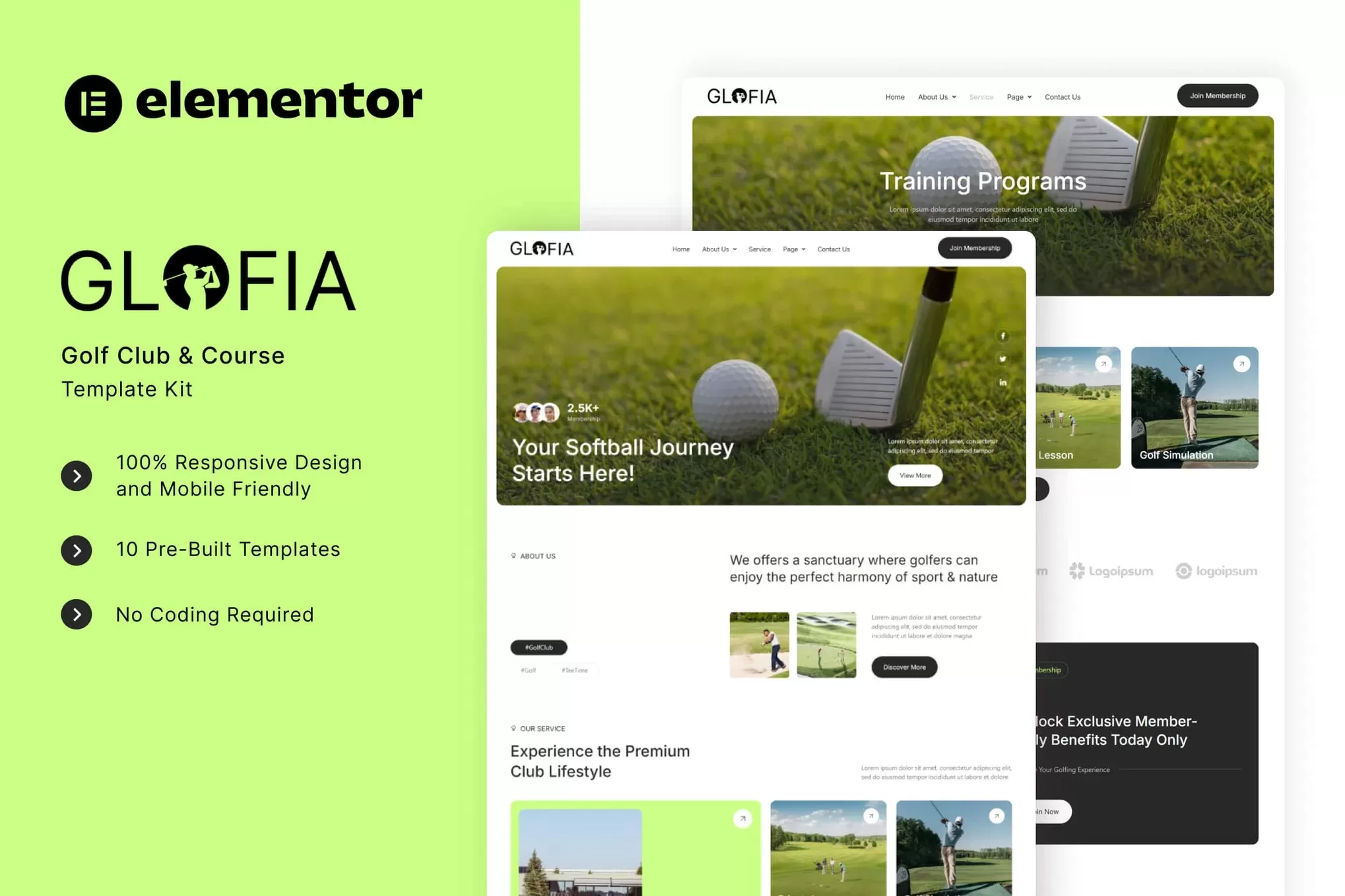 Glofia – 高尔夫球场Elementor模板套件,高尔夫俱乐部官网