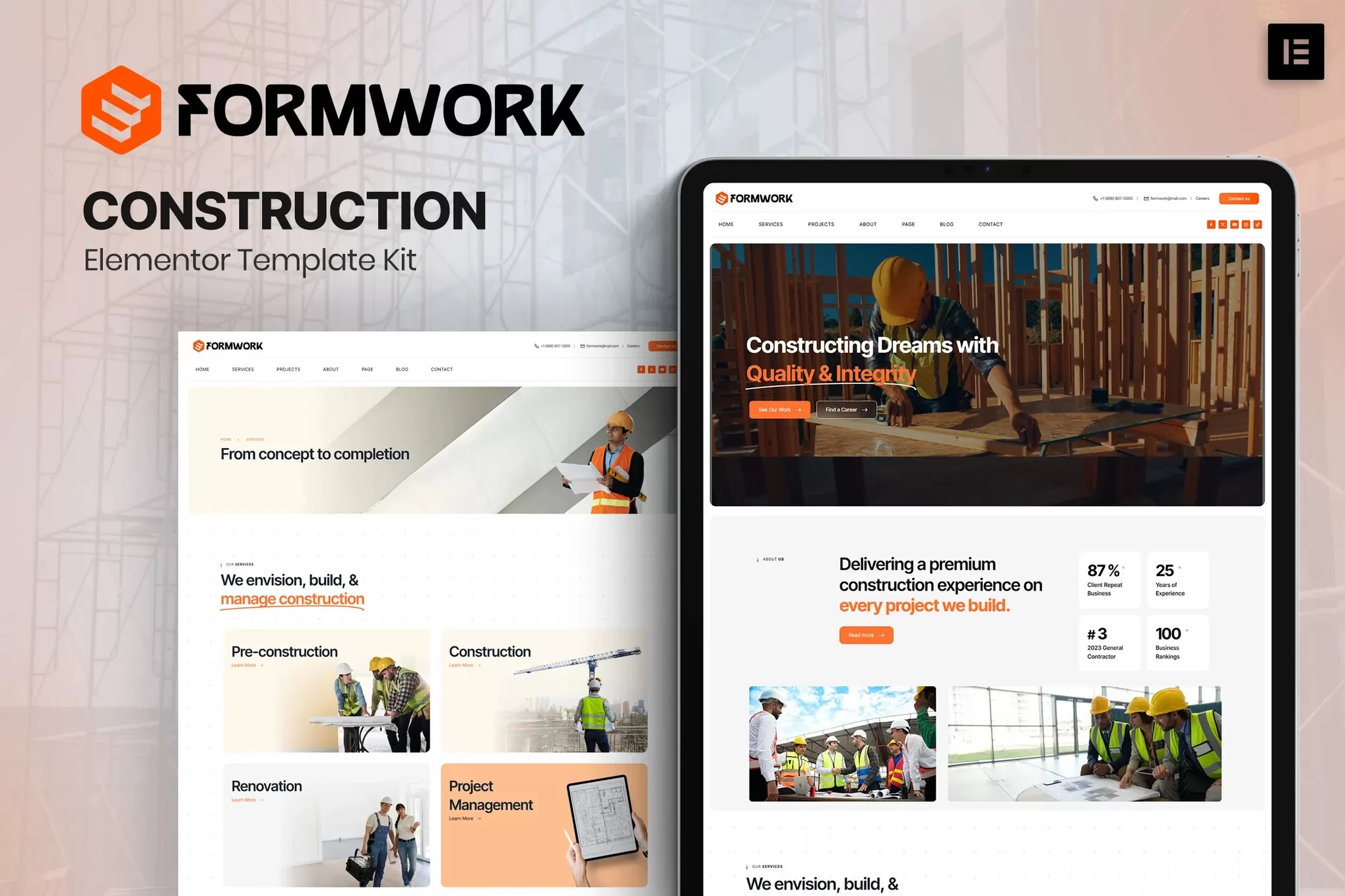 Formwork – 建筑施工Elementor模板套件，工程承包官网